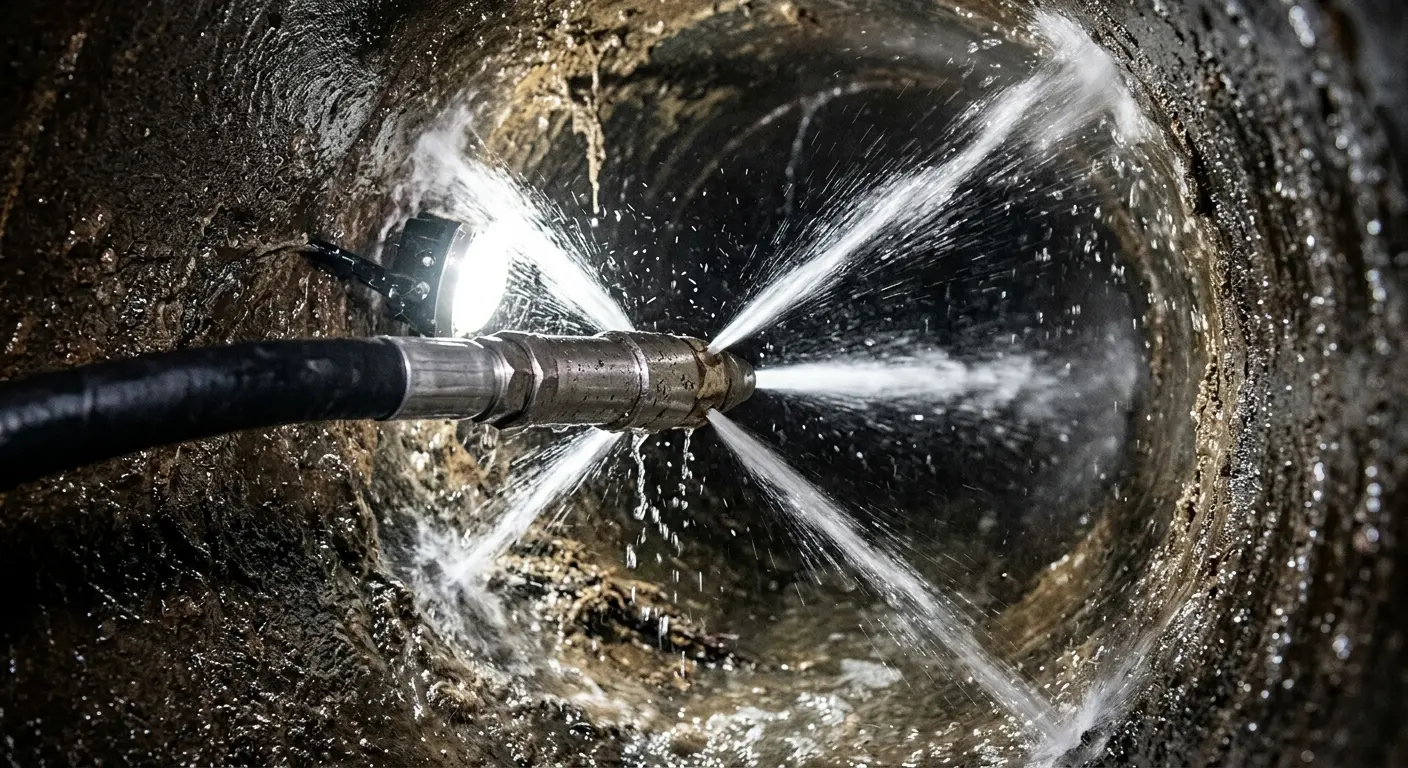High-pressure hydro jetting nozzle cleaning sewer pipe for Emergency Drain Service in Ridgefield