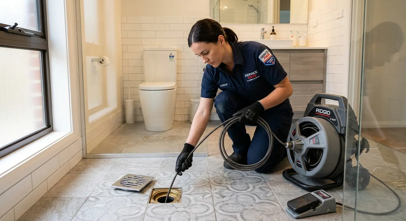Technician clearing a bathroom floor drain for Sewer Line Replacement in Ridgefield